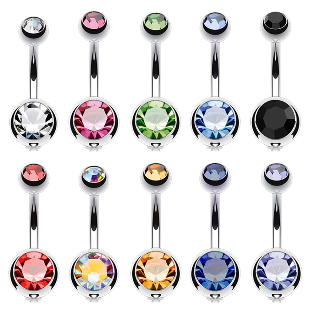 10PC Belly Button Ring Double Multicolor CZ Stainless Steel 14G Navel –  BodyJ4you