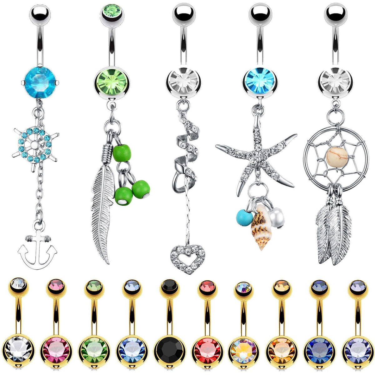 15 Belly Button Rings Dangle Barbells 14G Multicolor Surgical Steel CZ  Navel Body Jewelry