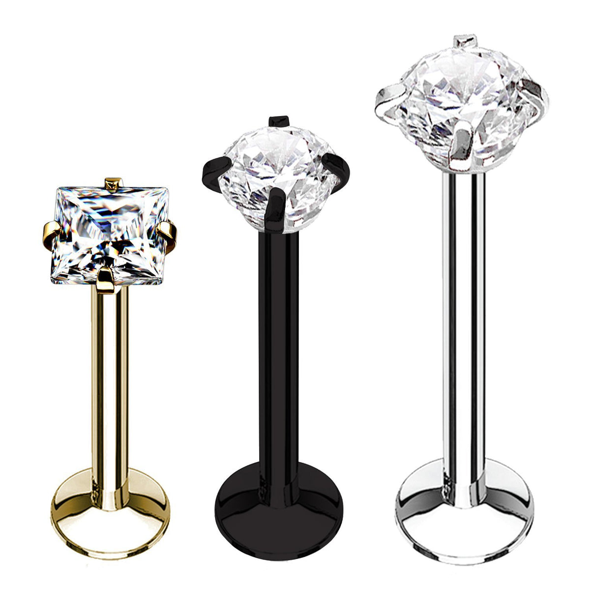 BodyJ4You 3PC Labret Stud Tragus Earring Set 16G Goldtone Black Steel CZ  Crystal Helix Monroe Cartilage