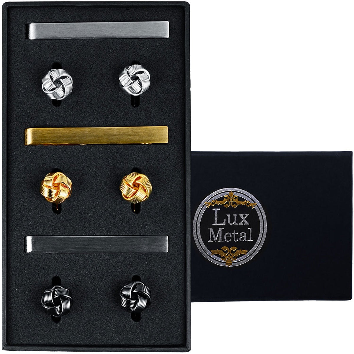 LUX METAL 9PC Cufflinks Skinny Tie Clip Set Button Shirt Business Men Steel  Jewelry Gift Box