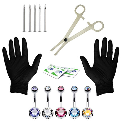 15PC PRO Body Piercing Kit Stainless Steel 14G Double CZ Belly Navel Ring Banana Bar Jewelry - BodyJ4you