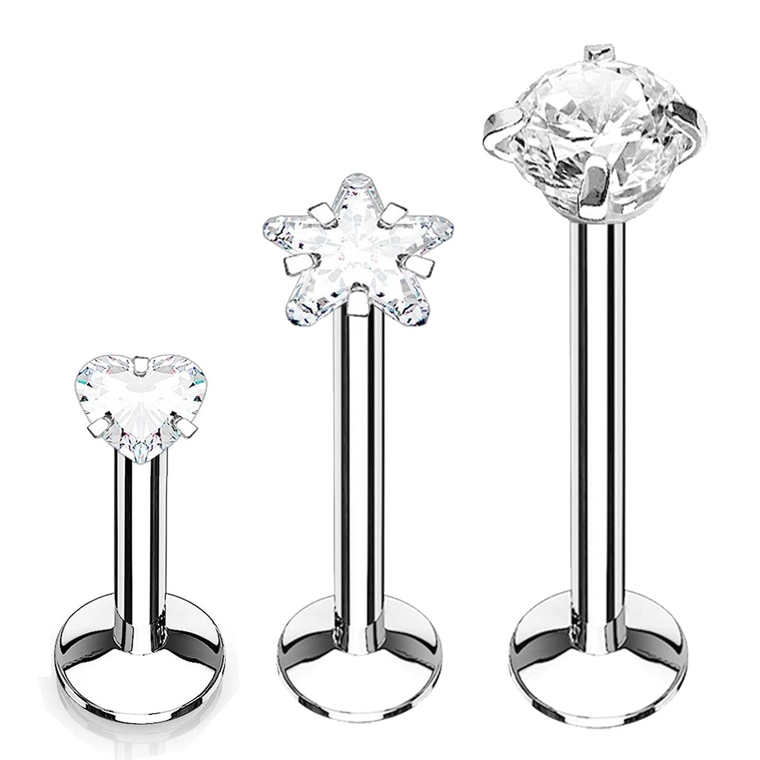 3PC Labret Stud Tragus Earring Set 16G CZ Crystal Surgical Steel
