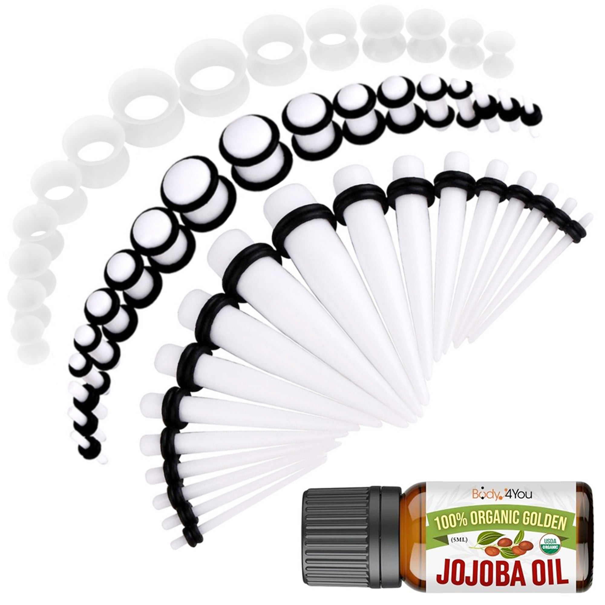 54PC Ear Stretching Kit 14G-12mm - Aftercare Jojoba Oil - Acrylic