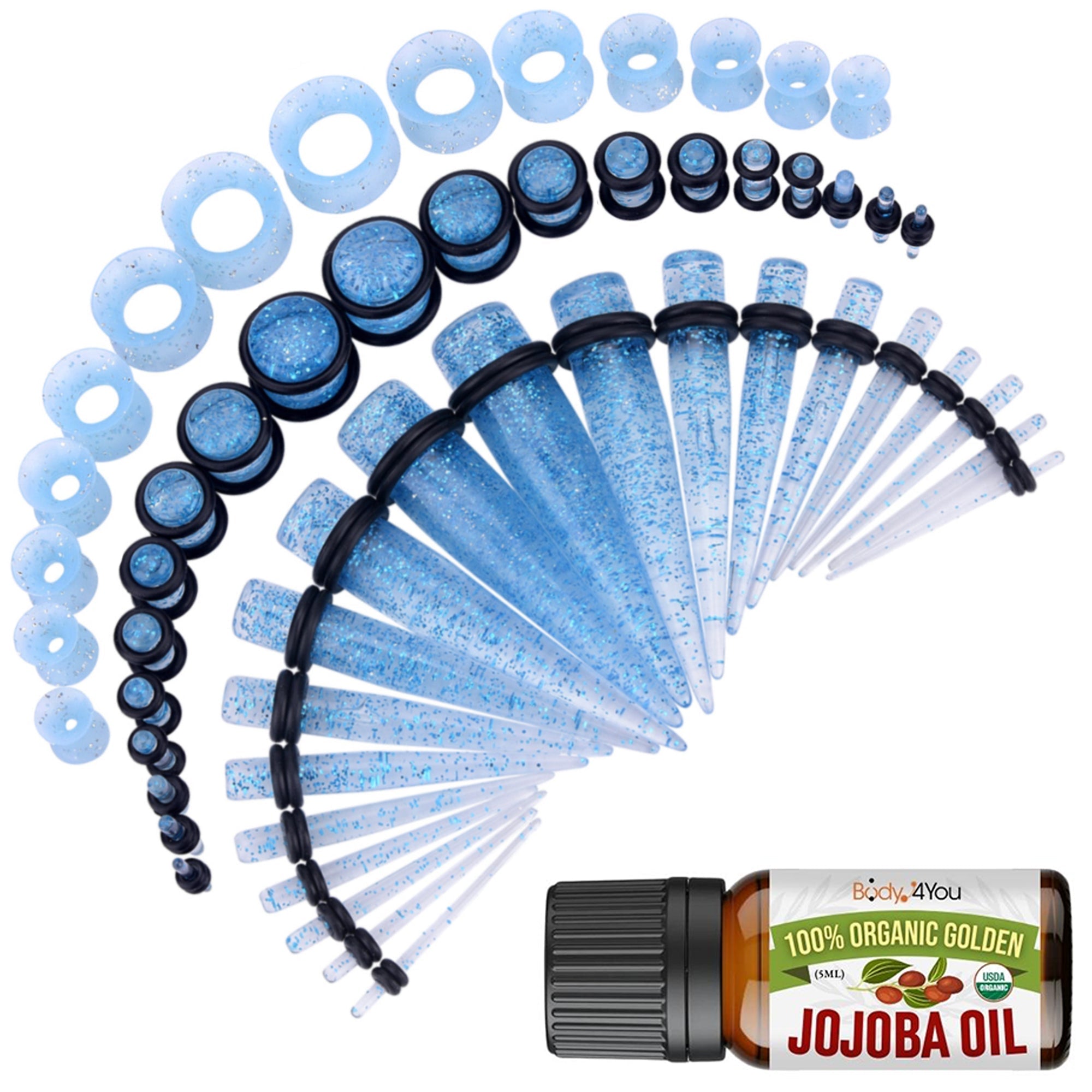 54PC Ear Stretching Kit 14G-12mm - Aftercare Jojoba Oil - Acrylic