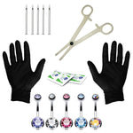 15PC PRO Body Piercing Kit Stainless Steel 14G Double CZ Belly Navel Ring Banana Bar Jewelry