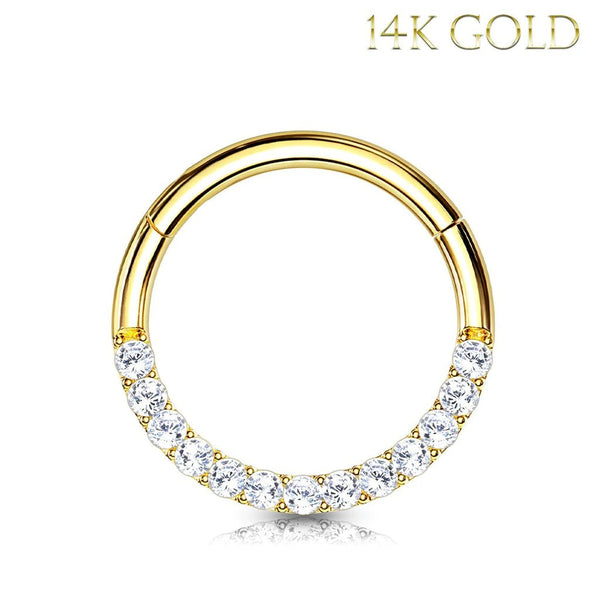 Piercing Ring 16G Hinged Clicker Hoop 14Kt. Gold Paved Cubic Zirconia Nose  Septum Daith Ear