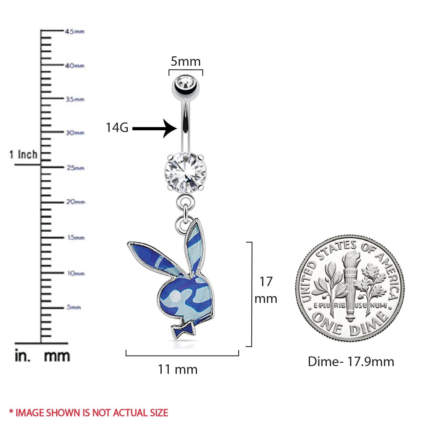 Playboy Belly Button Ring Dangle Barbell Paved Gems Blue Bunny 14G Ste –  BodyJ4you